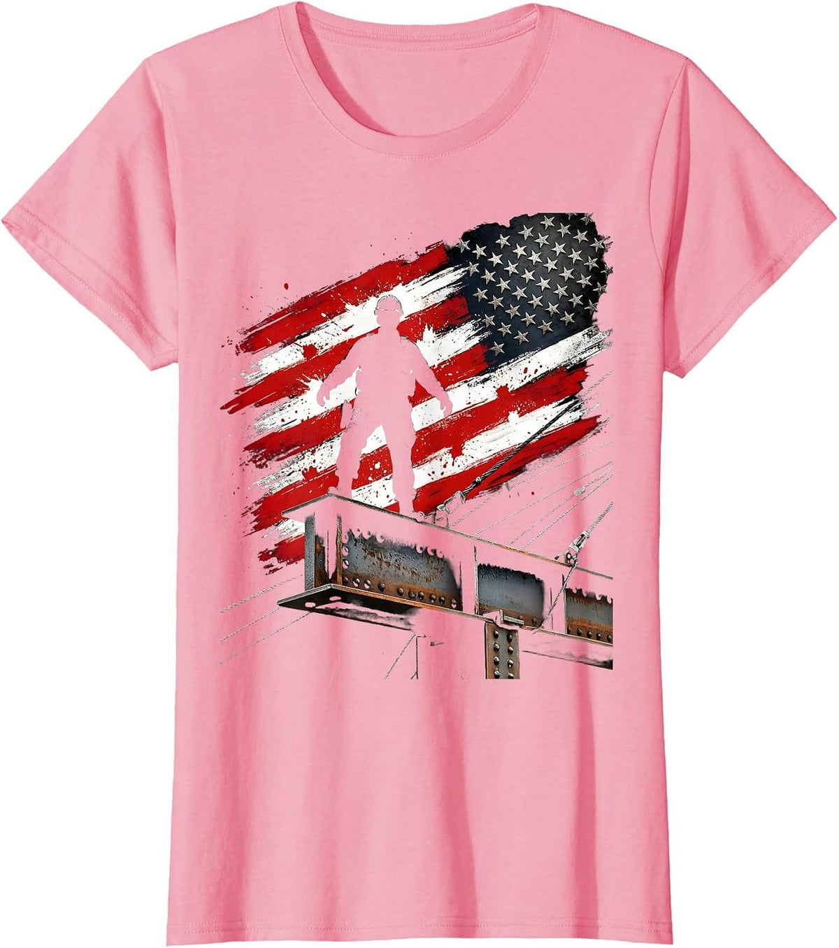 Women's Steelworker Silhouette on Bridge Beam American T-Shirt - Pink