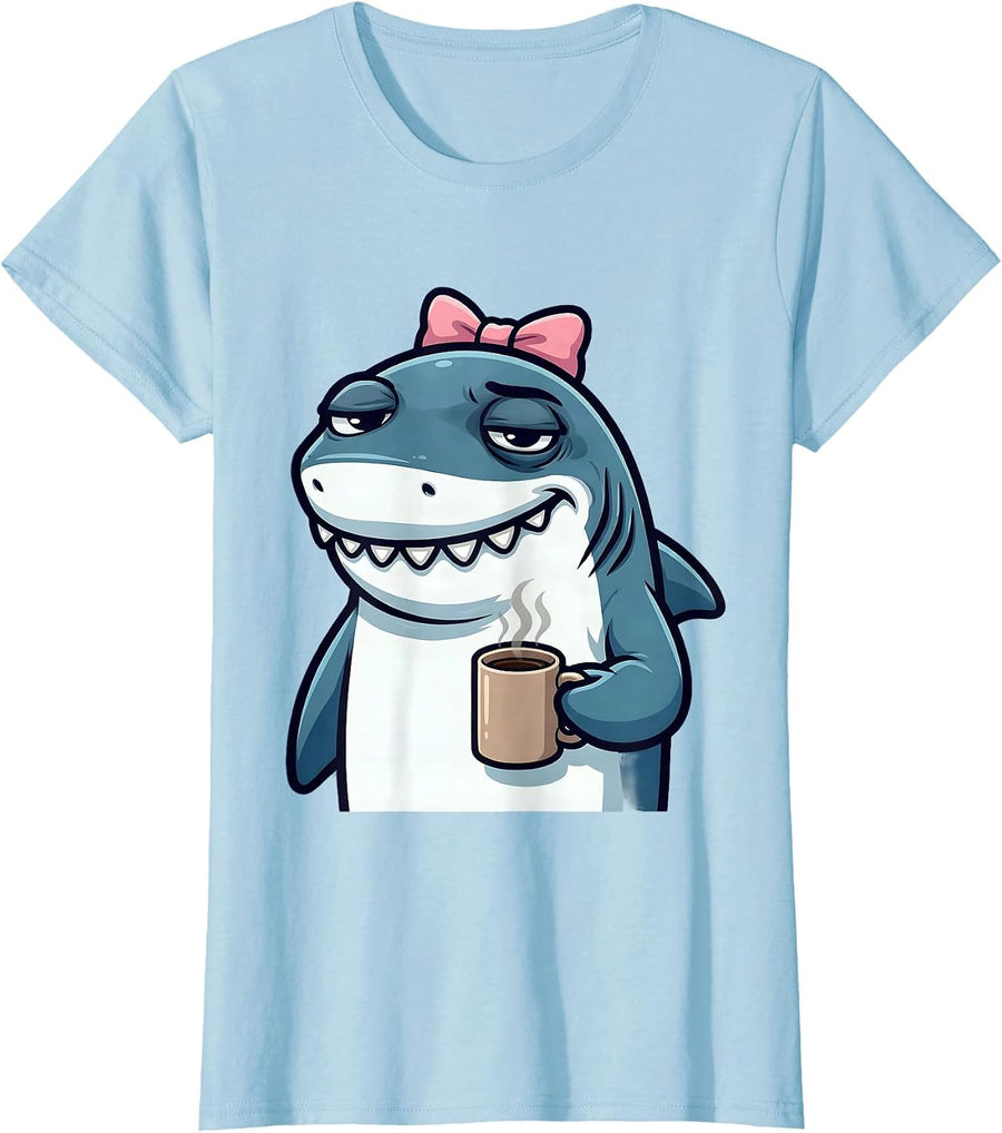 Women's Mama Shark Tired Mom Coffee Lover Graphic T-Shirt - Baby Blue