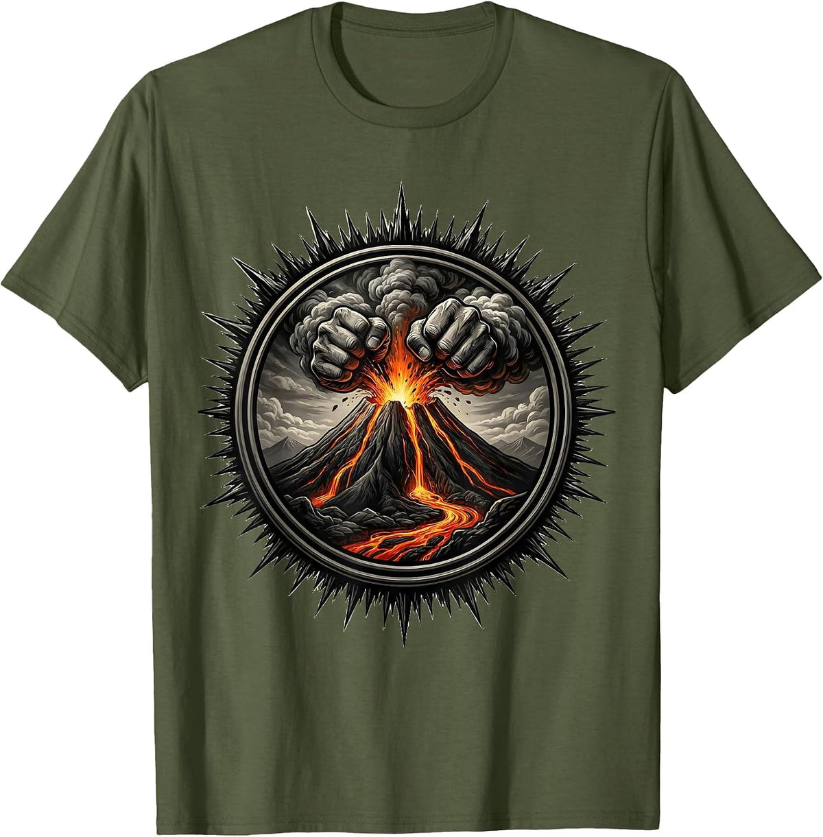 Exploding Volcano Lava Fists Graphic Design T-Shirt - Olive Green