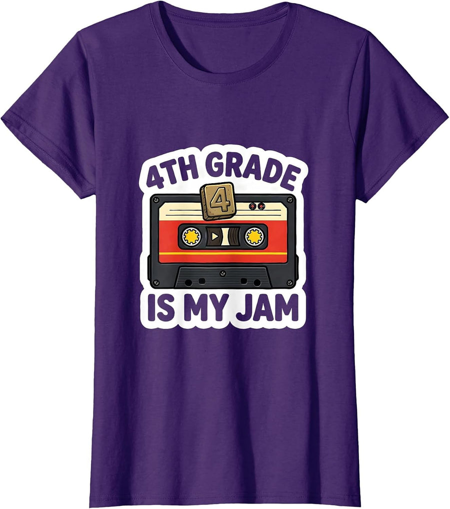 Women's 4th Grade Is My Jam Sticker Style Teacher Student Back To T-Shirt - Purple