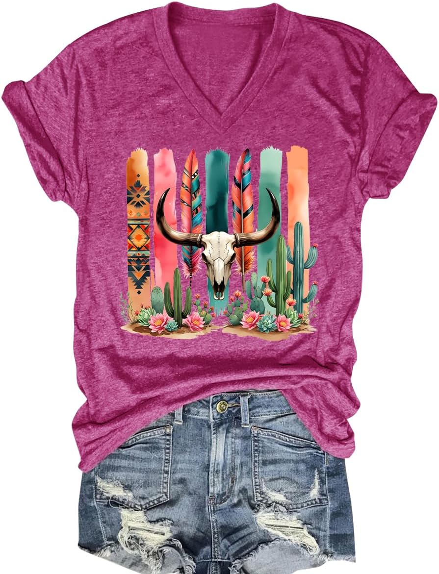 Vintage Western Rodeo Graphic Tee Short Sleeve Tops Western Cow Skul Tees - A-rose