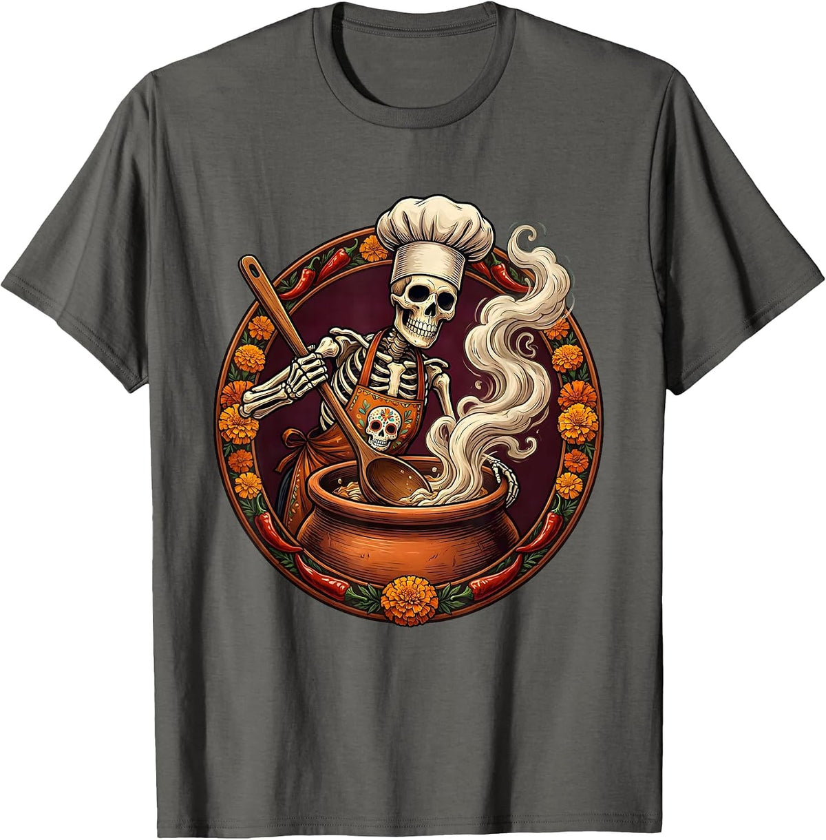 Mexican Skeleton Chef Stirring Giant Steaming Pot T-Shirt - Asphalt Grey