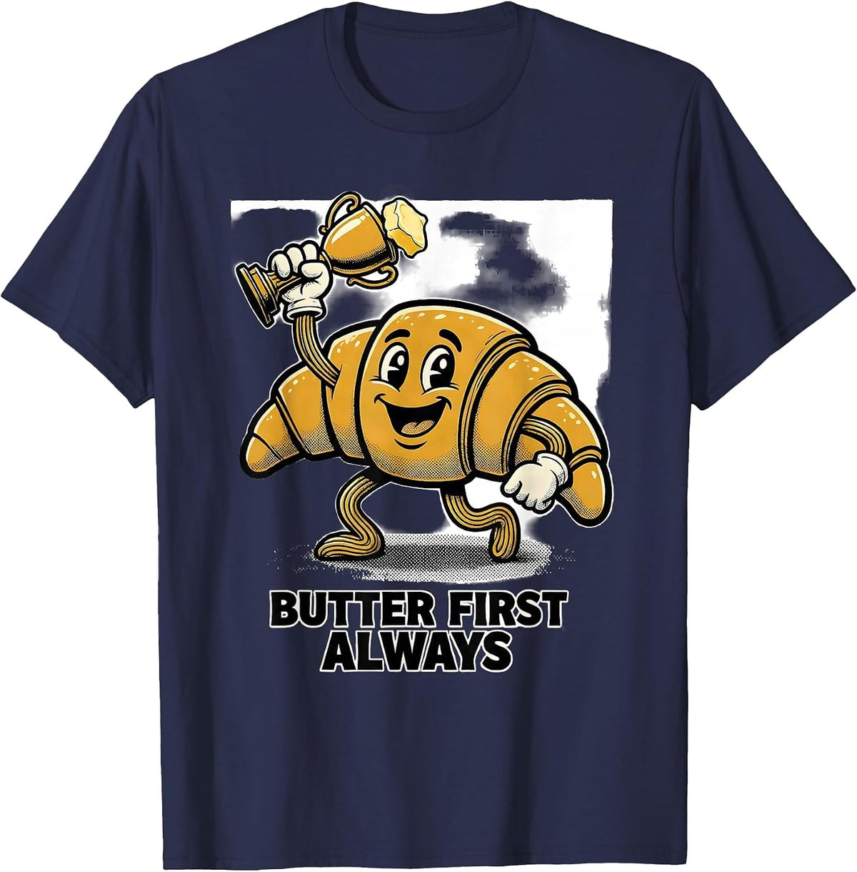 Men's Butter First, Always Retro Cartoon French Croissant Bakery T-Shirt - Navy Blue