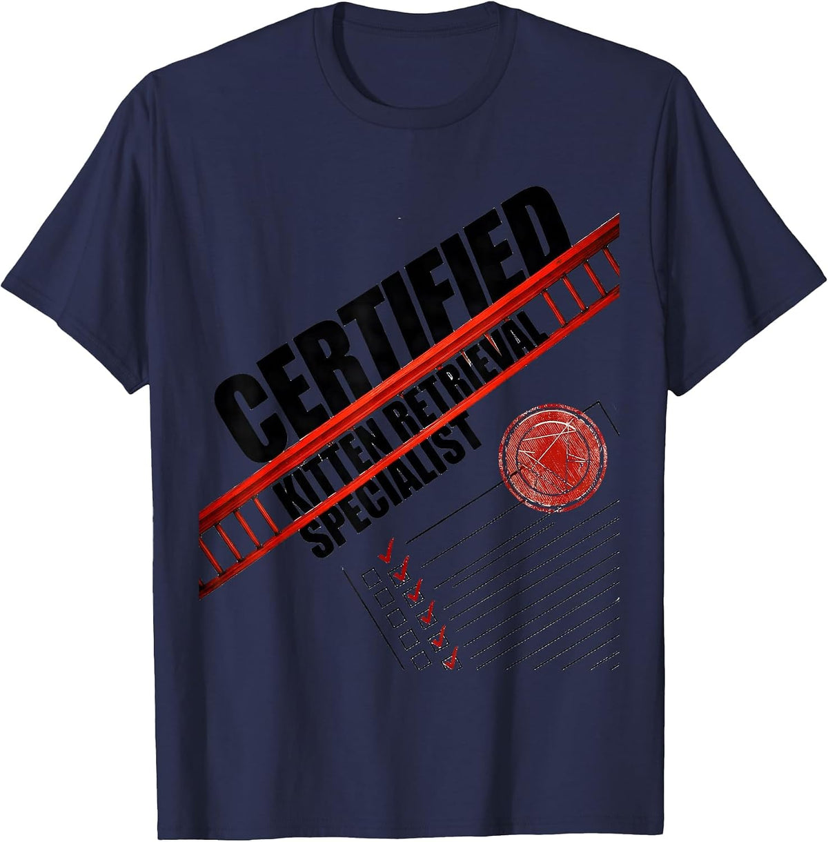 Certified Kitten Retrieval Specialist Funny Firefighter T-Shirt - Navy Blue