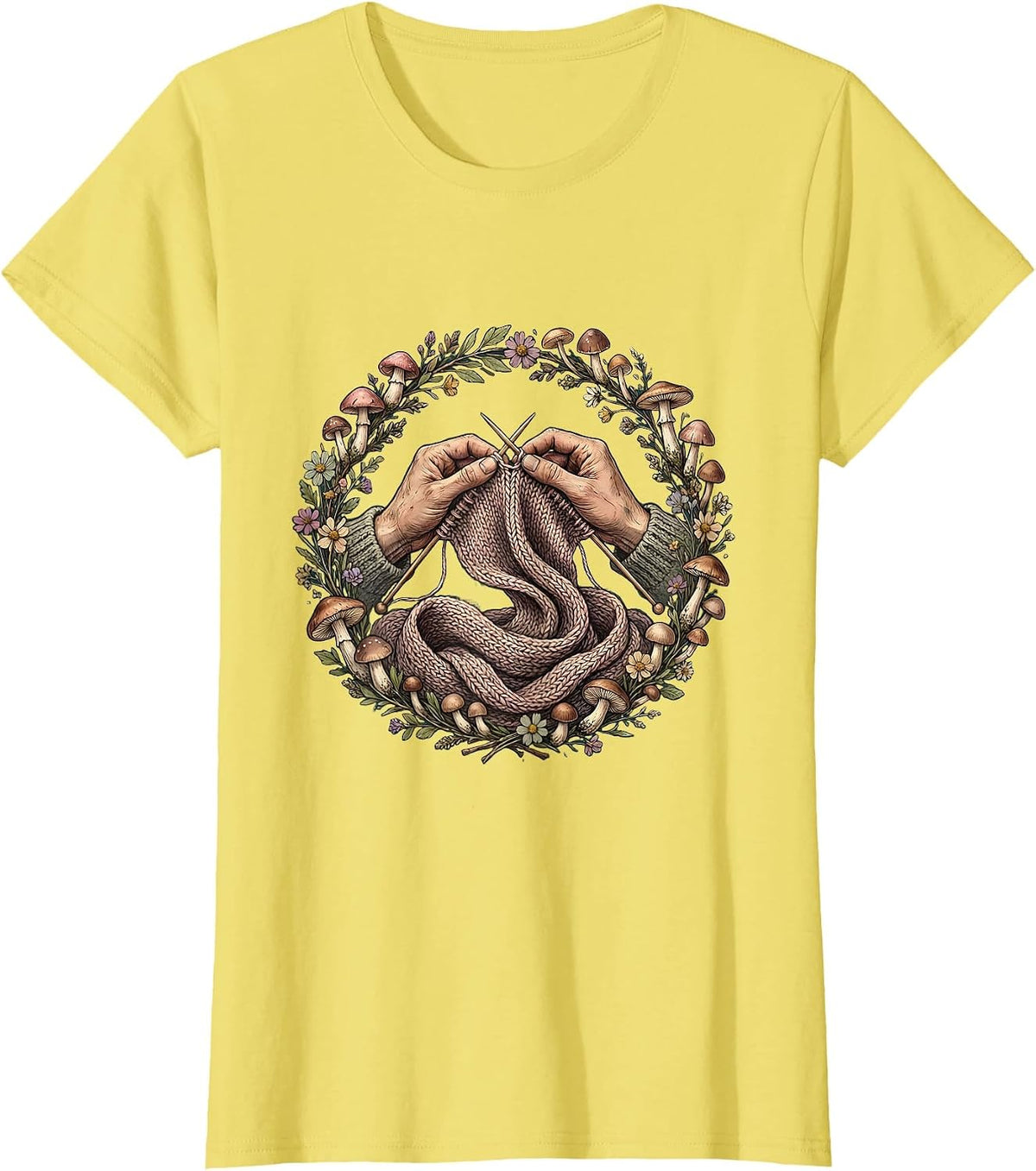 Women's Grandma Knitting Colorful Scarf Illustration T-Shirt - Lemon Yellow