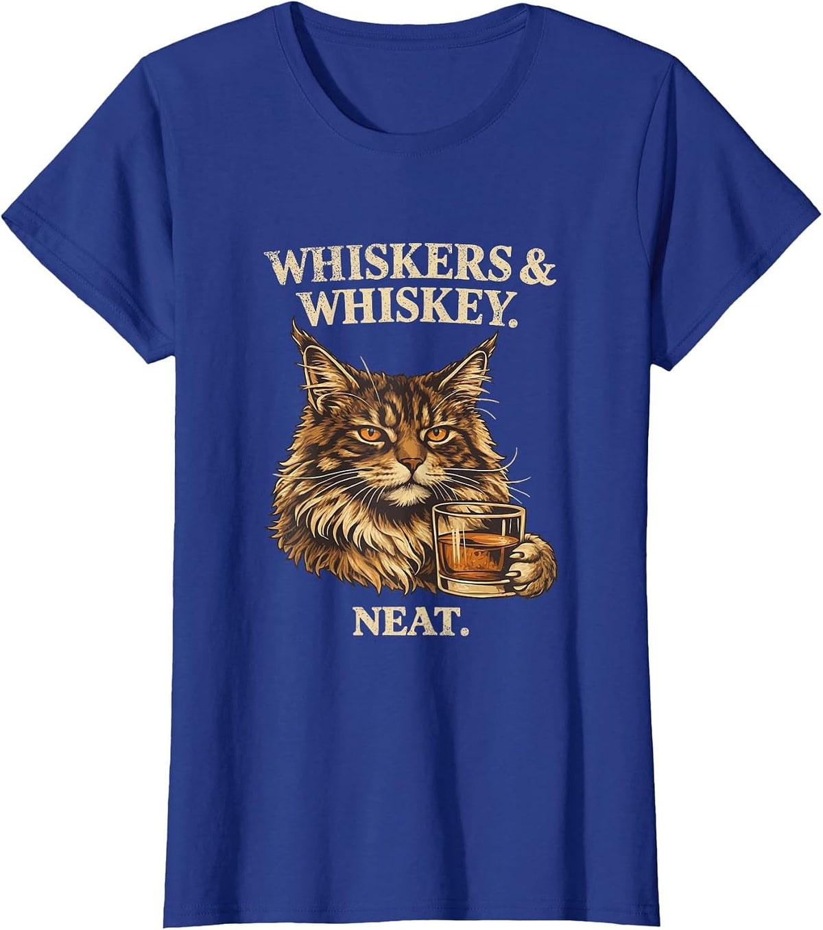 Funny Whiskers and Whiskey Neat Cat Lover Bourbon Drinker T-Shirt - Royal Blue