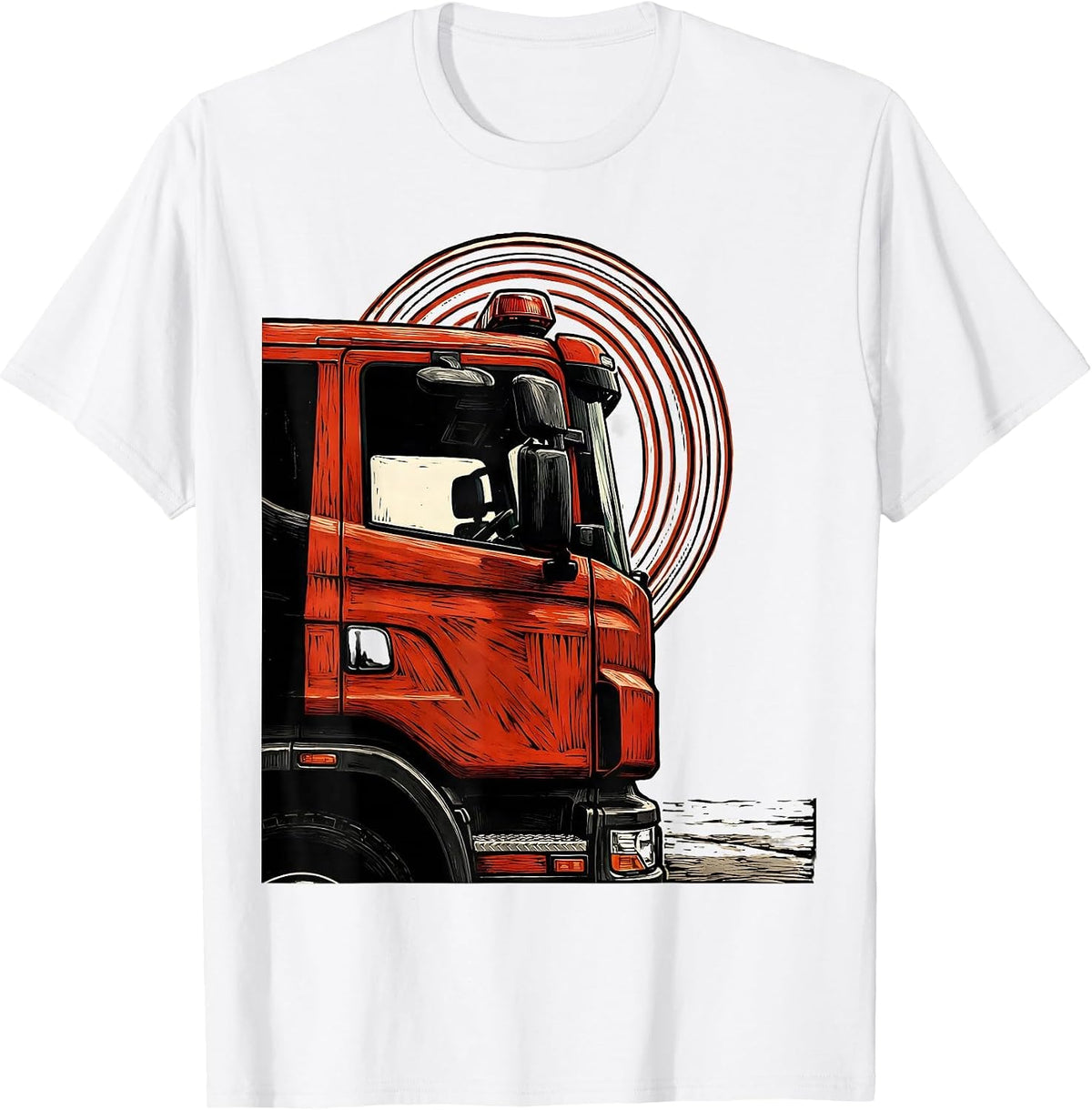 Men's Fire Truck Cab Linocut Funny Firefighter Gift T-Shirt - White