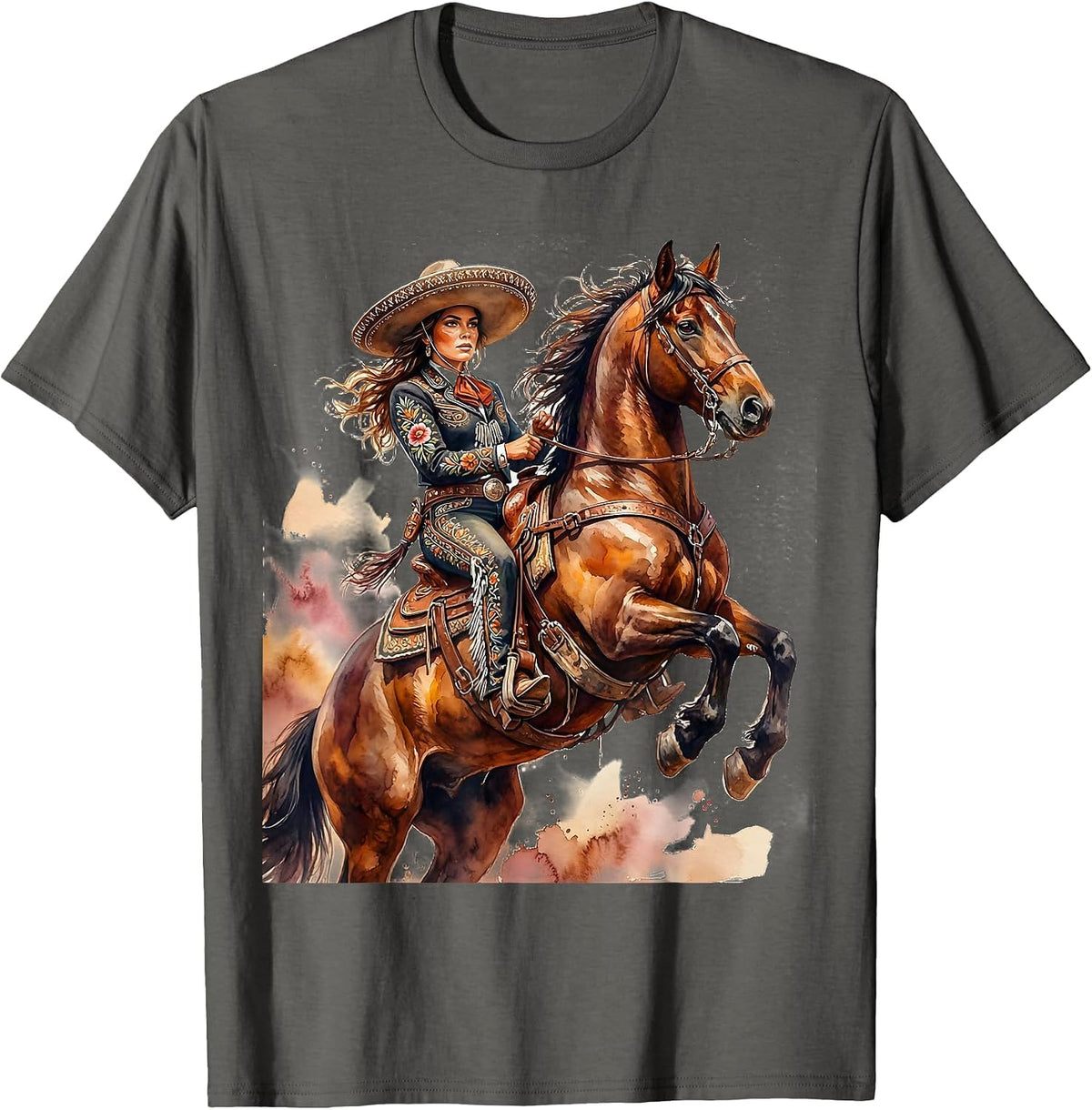 Charra Cowgirl Rearing Stallion Mexico Equestrian T-Shirt - Asphalt Grey