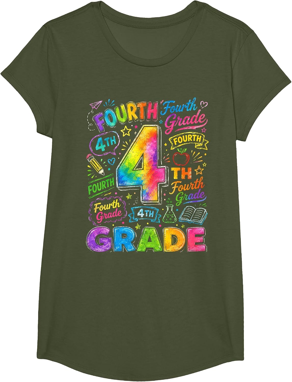Tie Dye 4th Grade Back to School Fourth Grade Teachers Kids T-Shirt - Girls Olive Green