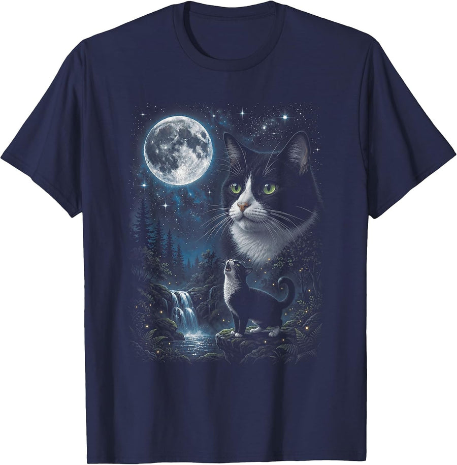 Tuxedo Howling at Moon 90's Retro Nature Forest Cat Lovers T-Shirt - Navy Blue