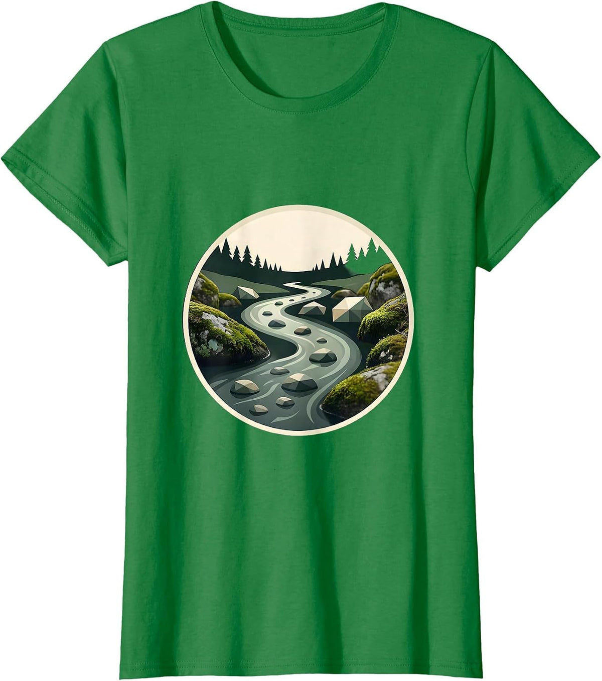 Women's Creek Winding Through Mossy River Stones T-Shirt - Kelly Green