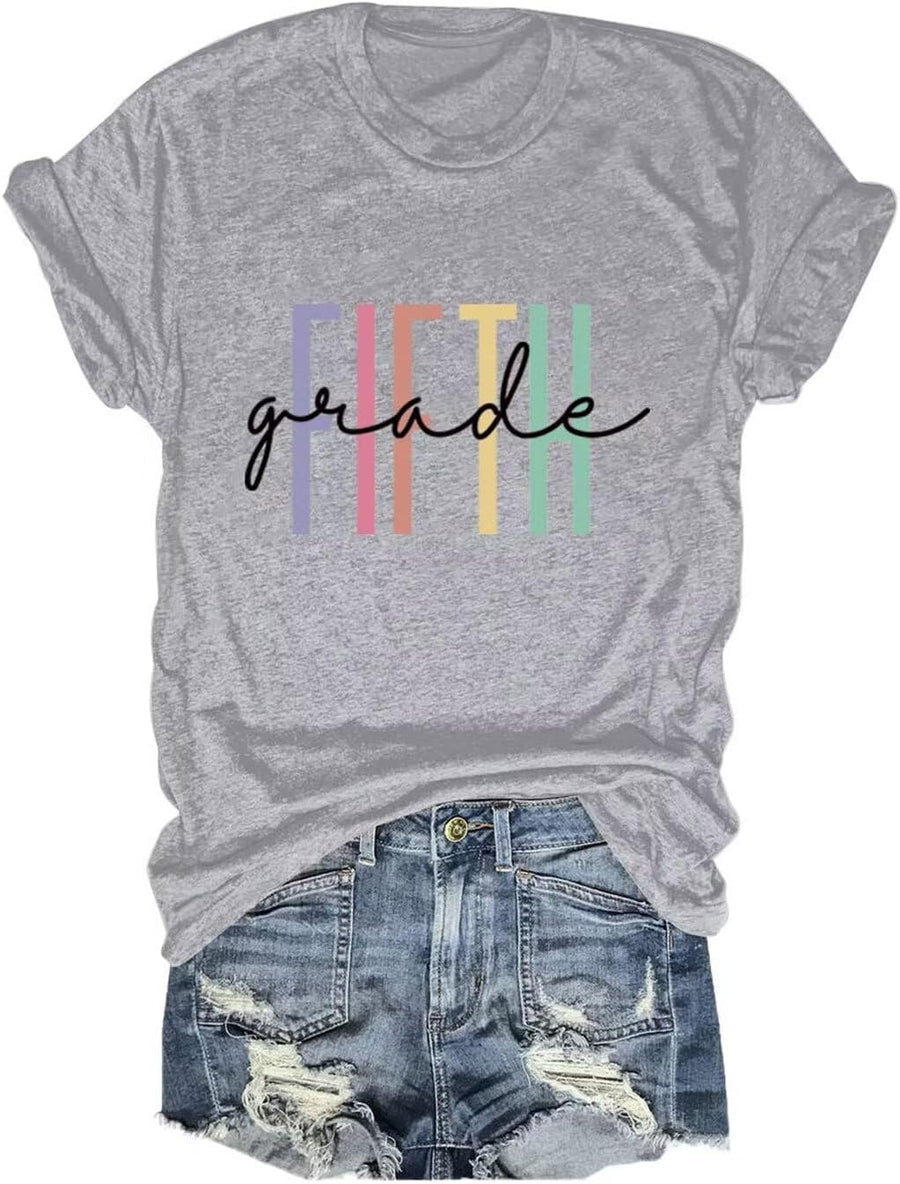 Teacher Tshirts for Women: Fifth Grade Teacher Shirt First Day of School Tshirt 5th Grade Teach Tee Tops - Z1- Light Gray