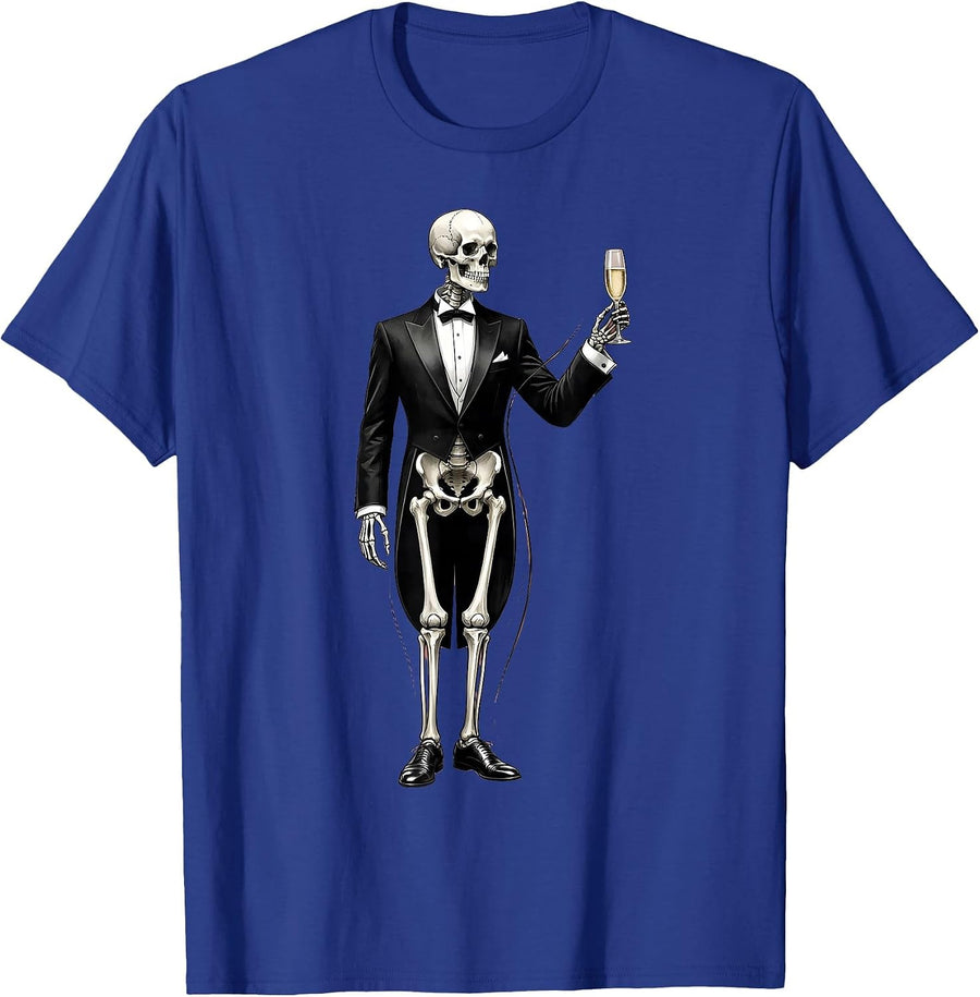 Tuxedo Skeleton Champagne Toast Graphic T-Shirt - Royal Blue