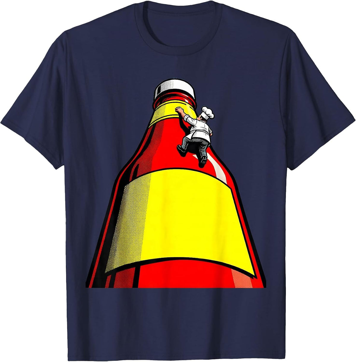 Tiny Chef Climbing Giant Ketchup Bottle T-Shirt - Navy Blue