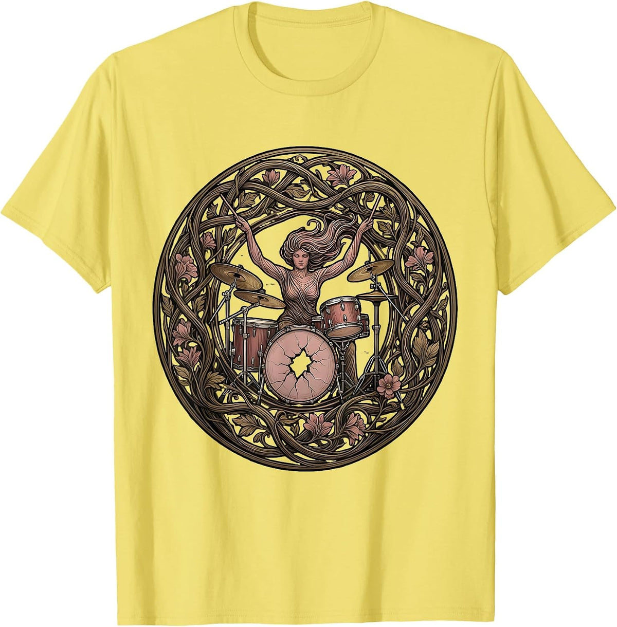 Men's Drummer Through Cracked Bass Drum Band Tee T-Shirt - Lemon Yellow