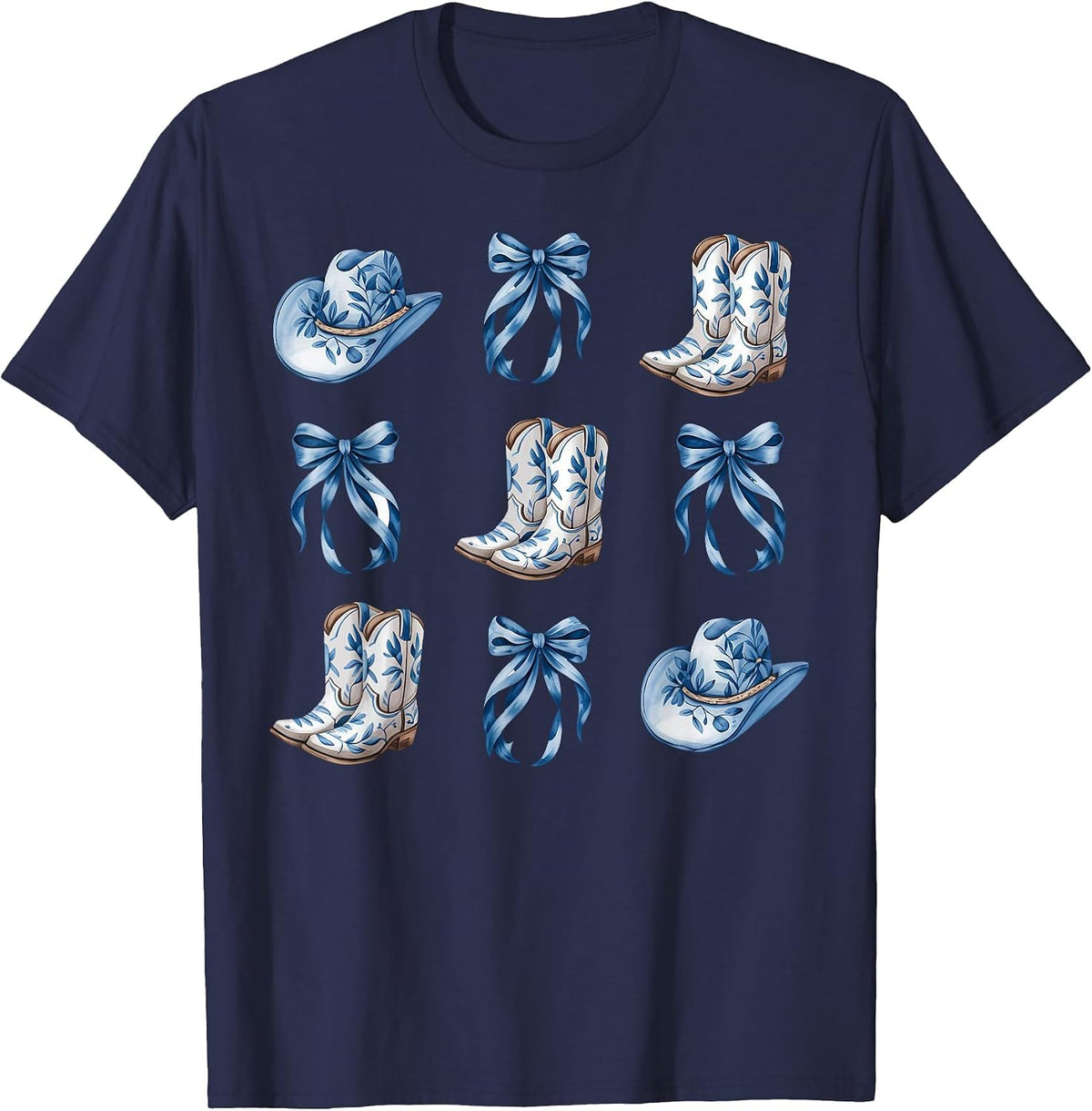 Blue Coquette Cowgirl Bows Boots Cowboy Hat Western T-Shirt - Navy Blue