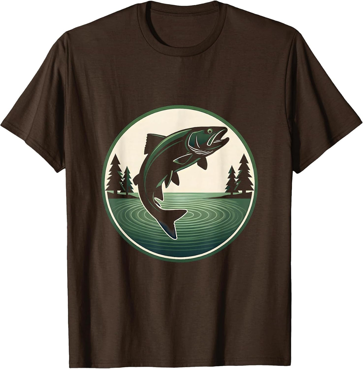 Trout Jump Pine Trees Fishing Illustration T-Shirt - Brown
