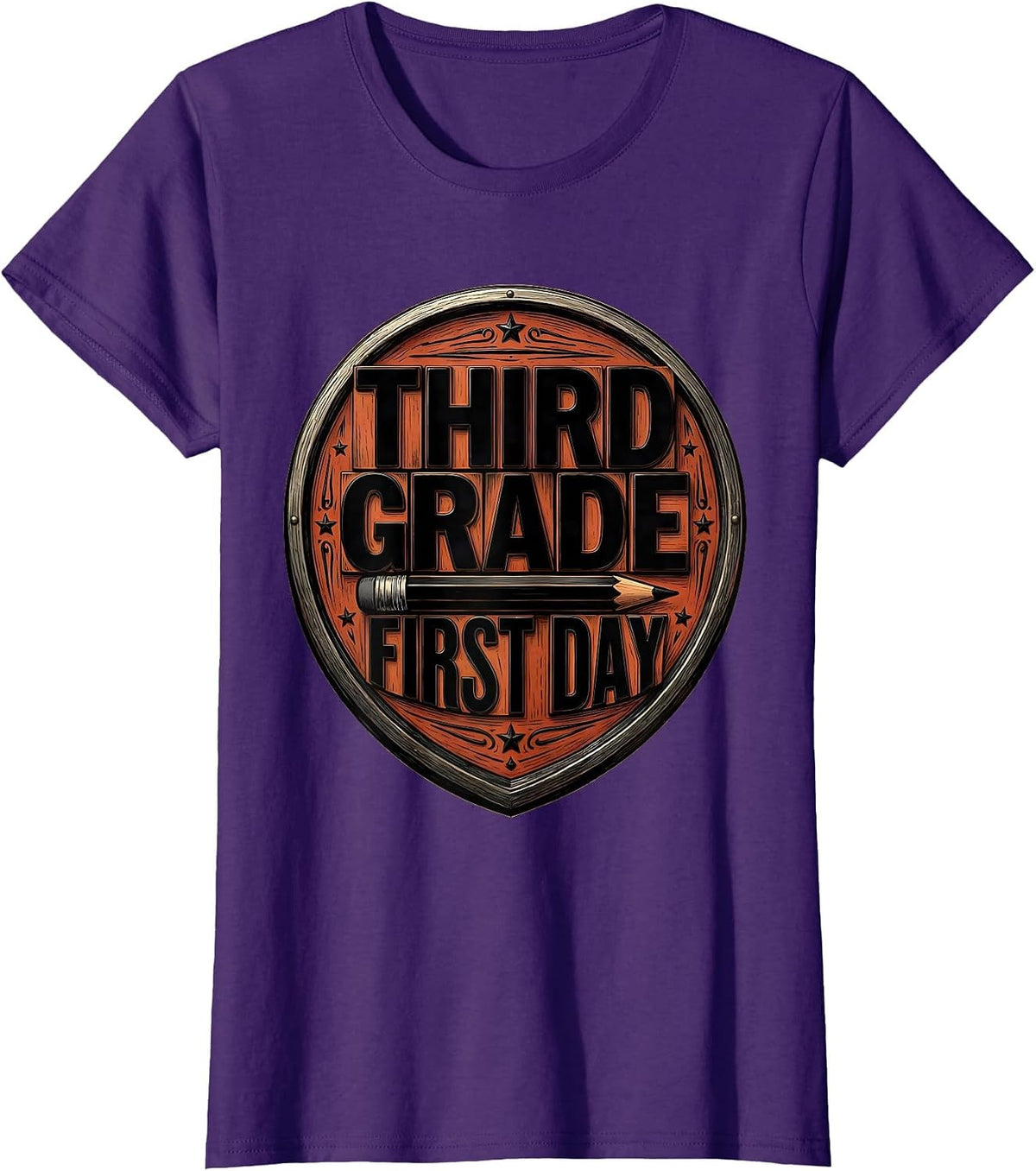 Women's Third Grade First Day Wood Type Letterpress Back to School T-Shirt - Purple