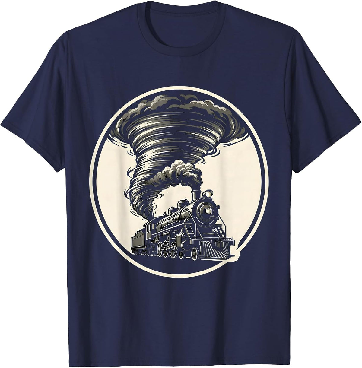 Men's Train Engine Emerging From Tornado Funnel T-Shirt - Navy Blue