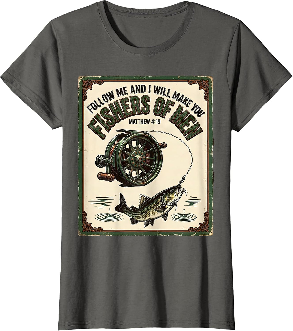Women's Fishers Of Men Matthew 4:19 Vintage Christian Fishing T-Shirt - Asphalt Grey