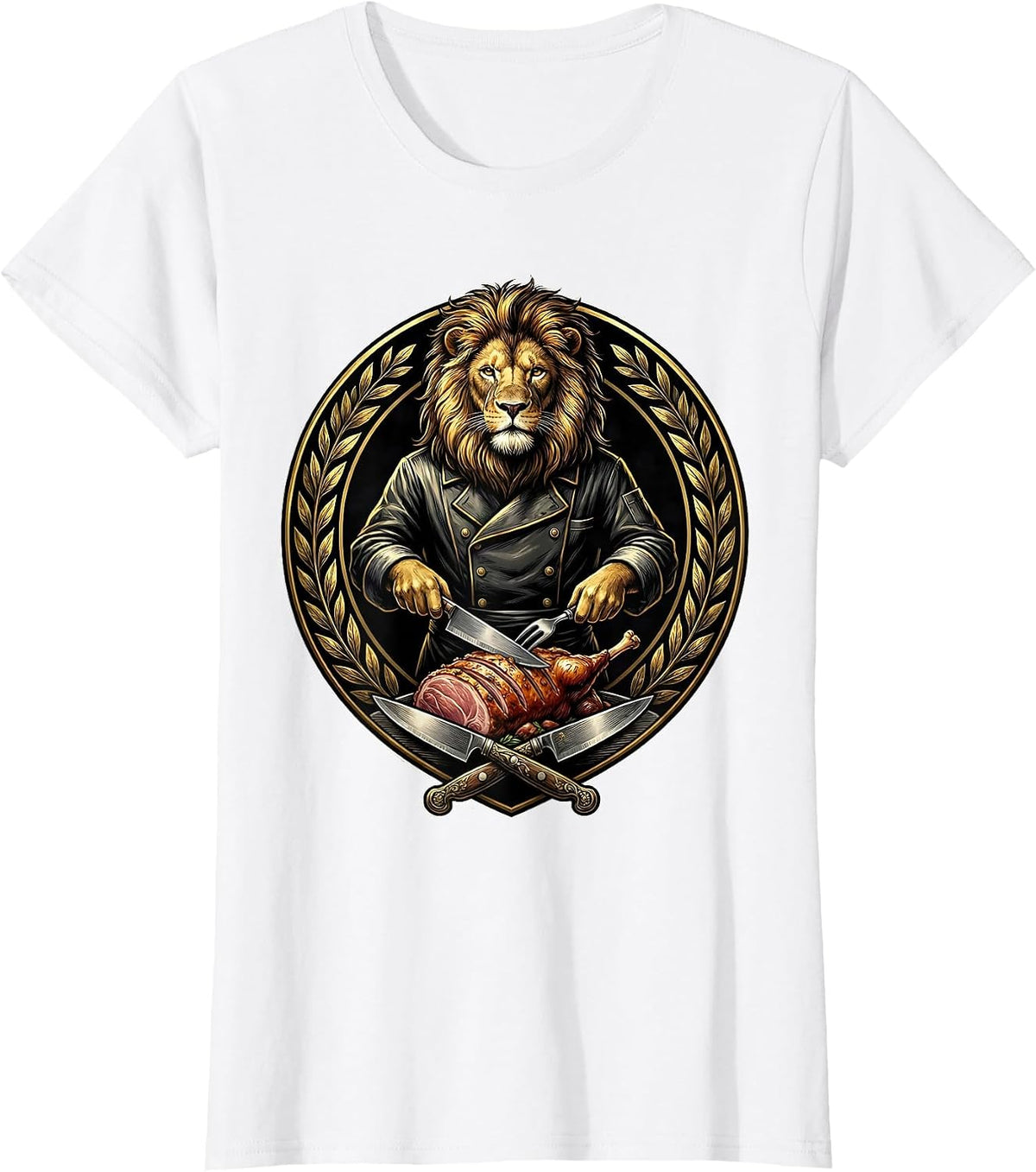 Lion Chef Carving Roast Culinary Art Design T-Shirt - White