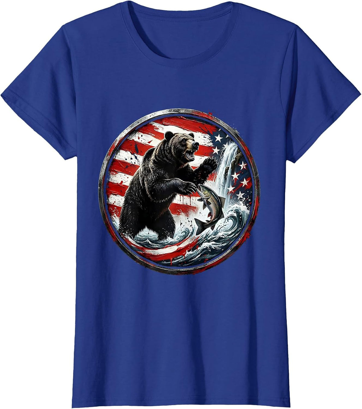 Women's Bear Catching Salmon in Rushing Waterfall T-Shirt - Royal Blue