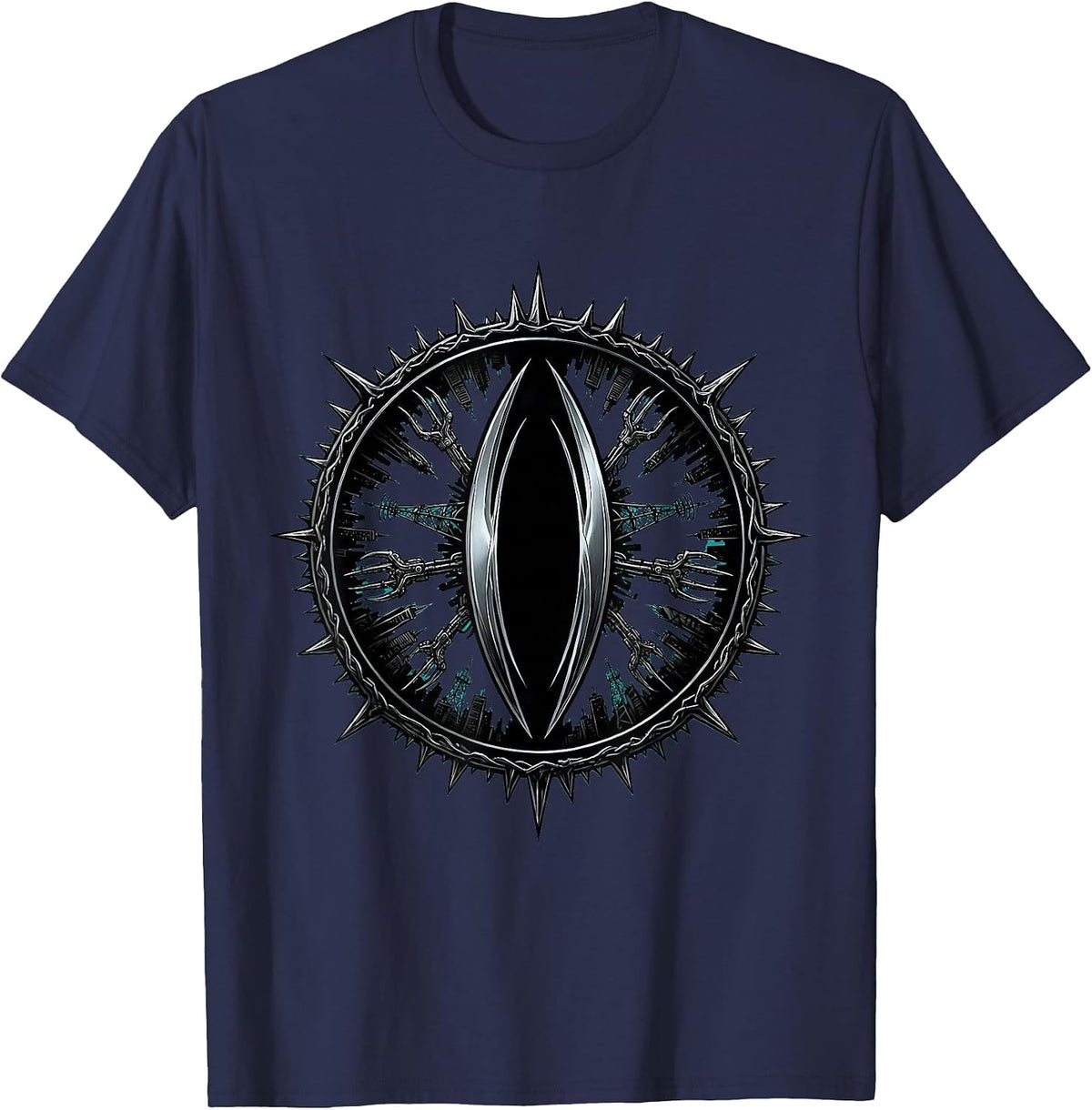 Cyberpunk Astronaut Dystopian Skyline Reflection T-Shirt - Navy Blue