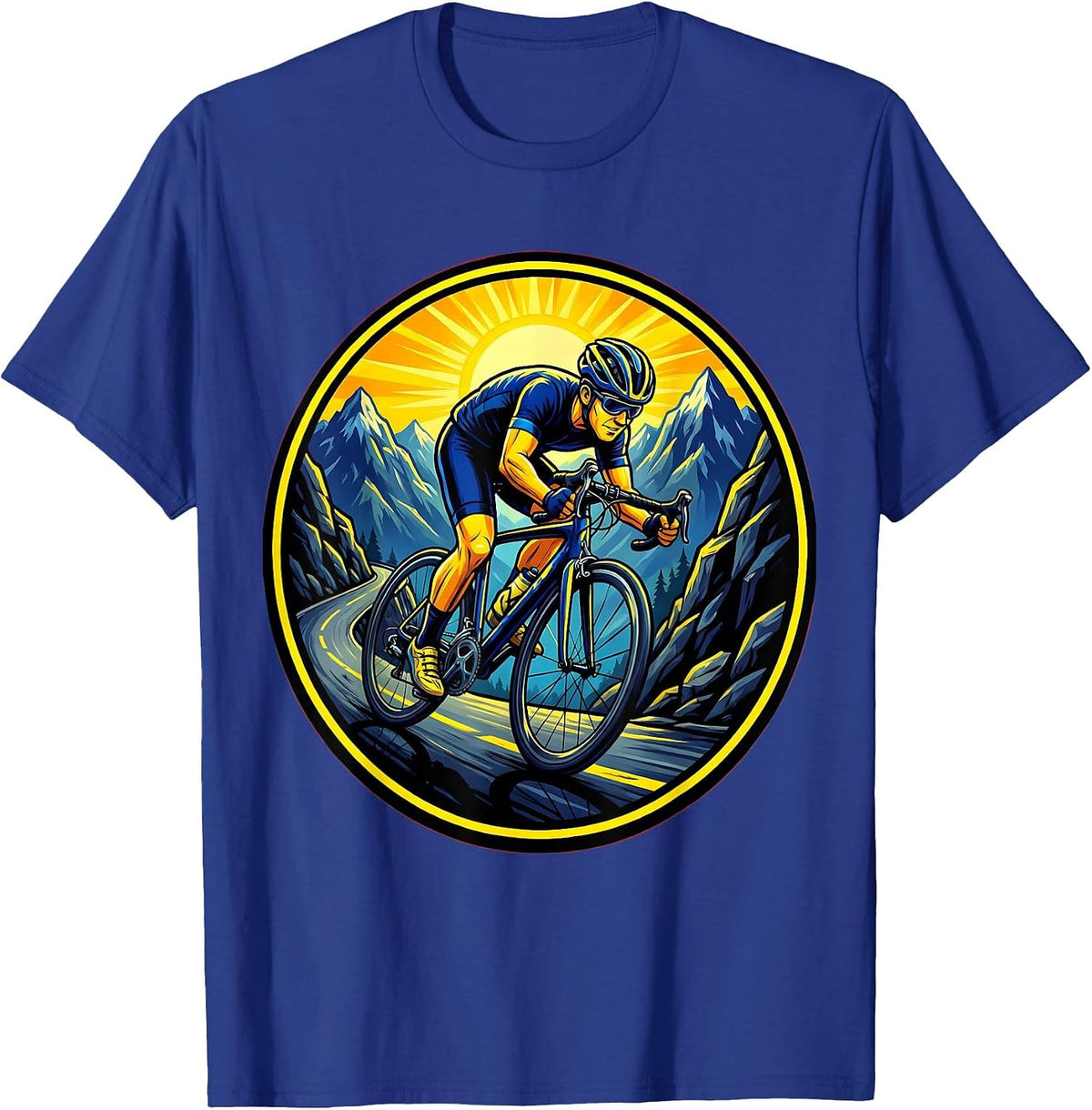 Lone Cyclist Climbing Mountain Road Graphic T-Shirt - Royal Blue