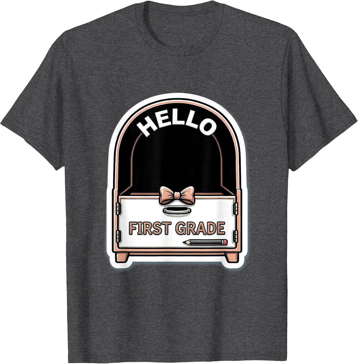 Men's Hello First Grade Cute Coquette Bow Pencil Back to School T-Shirt - Dark Heather Grey
