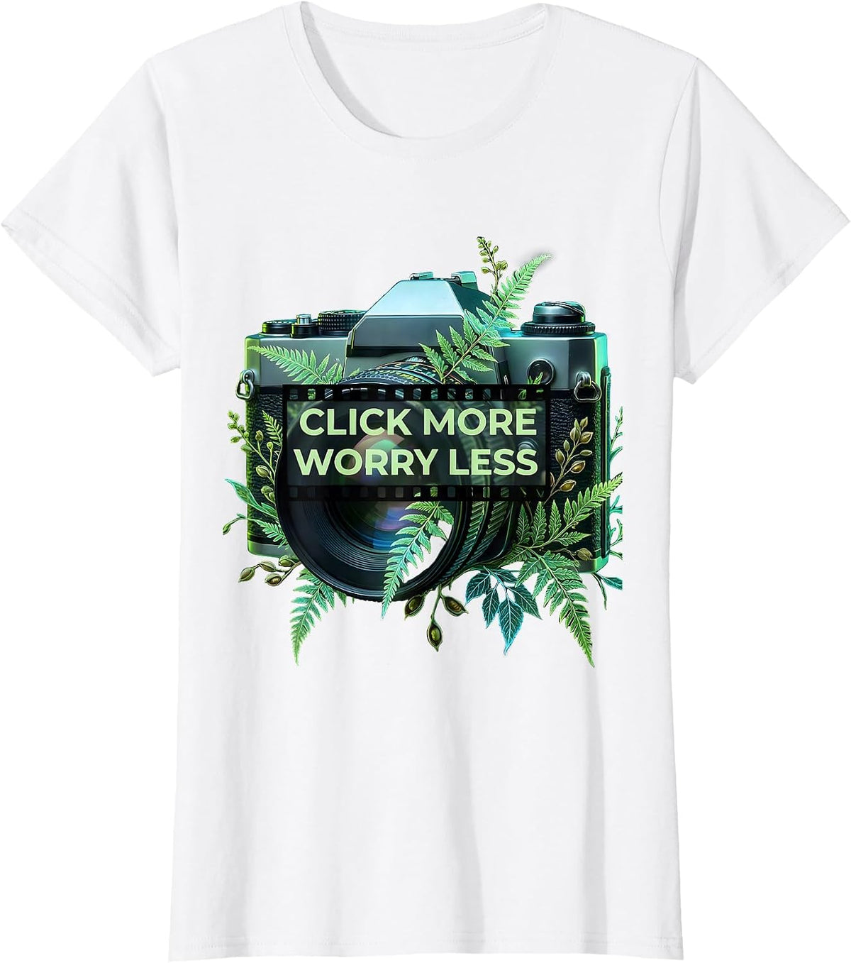 Women's Click More Worry Less Photography Design T-Shirt - White
