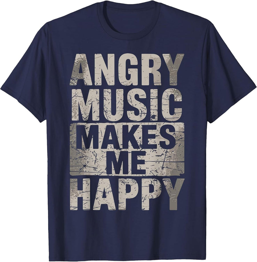 Angry Music Makes Happy Tee Extreme Death Heavy Metal Fan T-Shirt - Navy Blue