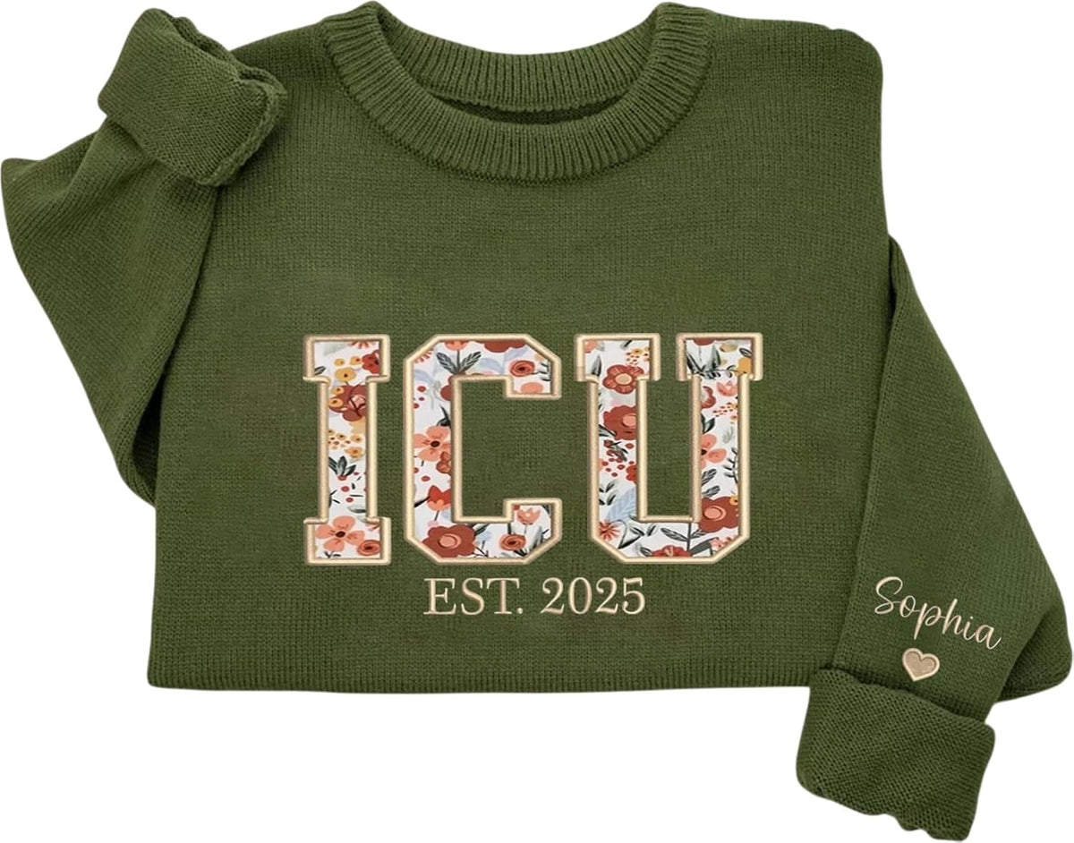 Custom Embroidered Floral Sweater for Nurses, Personalized Floral Knit Sweatshirt – Comfortable Cotton Blend - Icu