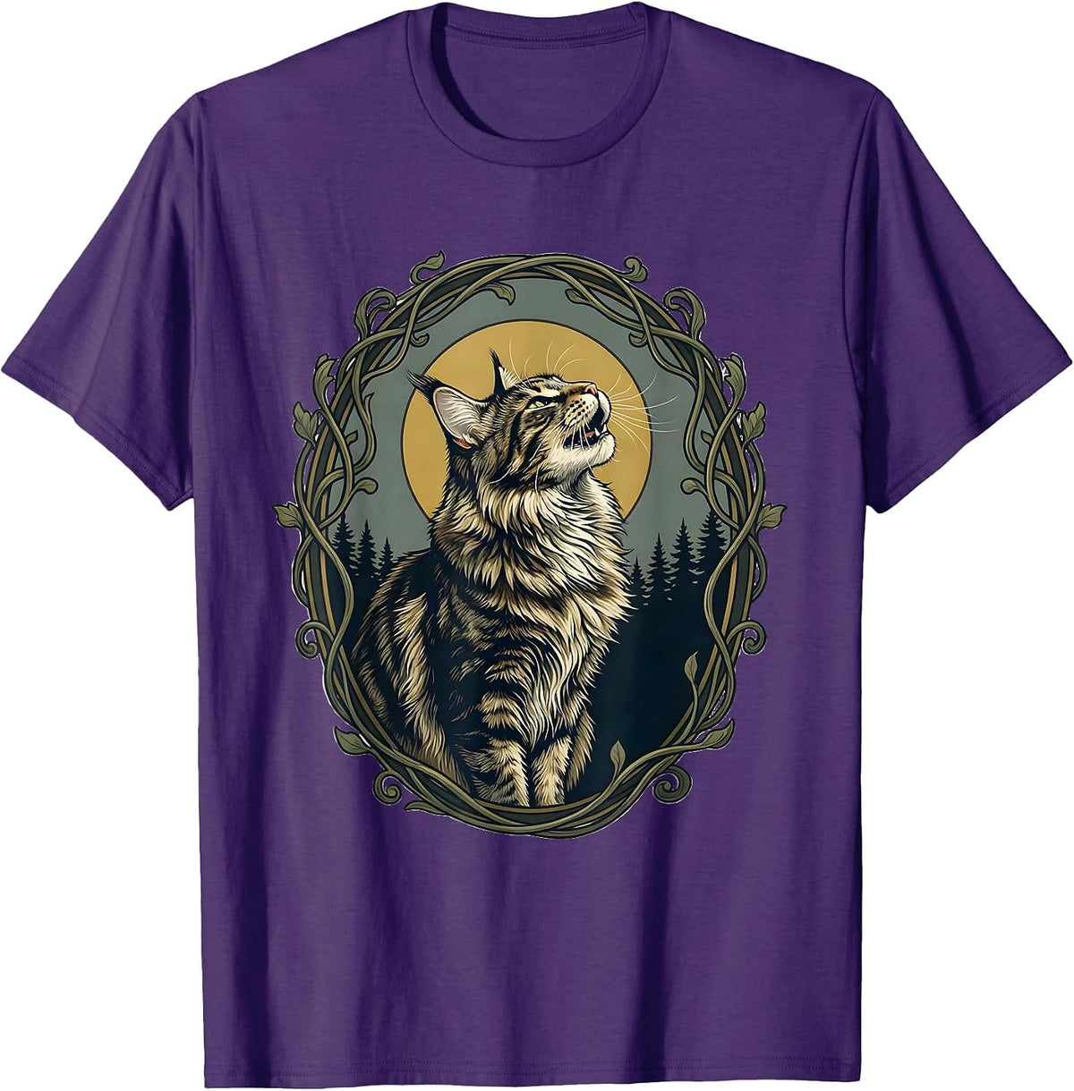Men's Maine Coon Cat Howling at Moon Art Nouveau Whimsical T-Shirt - Purple