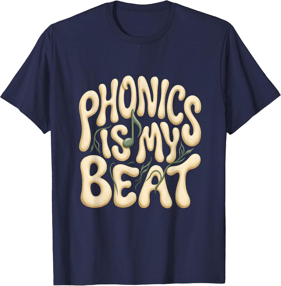 Phonics Is My Beat Boho Typography Reading Teacher Humor T-Shirt - Navy Blue