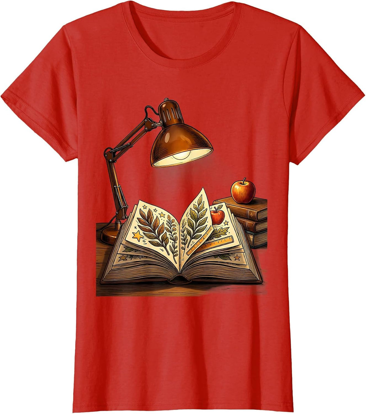 Reading Teacher Desk Lamp Open Book Illustration T-Shirt - Red