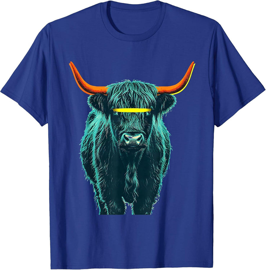 Highland Cow Funny Cute Cow Lover Risograph Art T-Shirt - Royal Blue