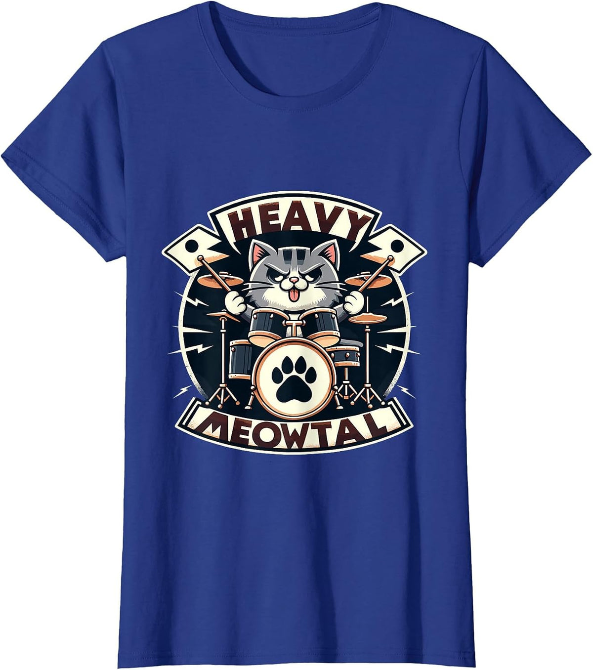 Heavy Meowtal Rock Music Drummer Cat T-Shirt - Royal Blue
