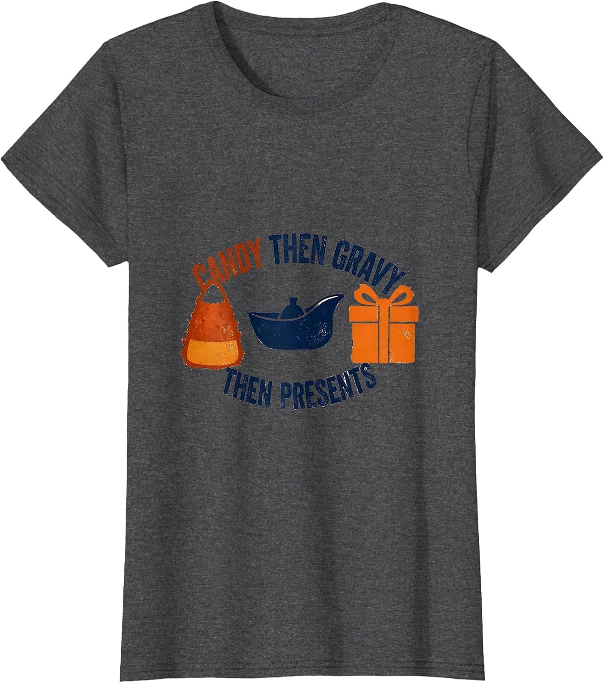 Women's Candy Then Gravy Then Presents Rubber Stamp Tri-Holiday T-Shirt - Dark Heather Grey