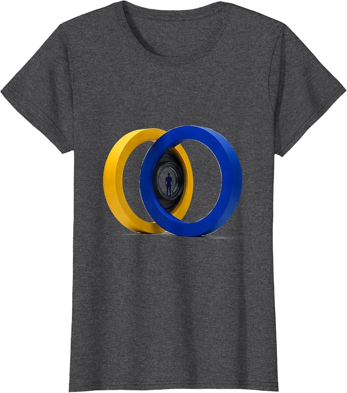 Women's Yellow and Blue Open Rings Down Syndrome Awareness Support T-Shirt - Dark Heather Grey