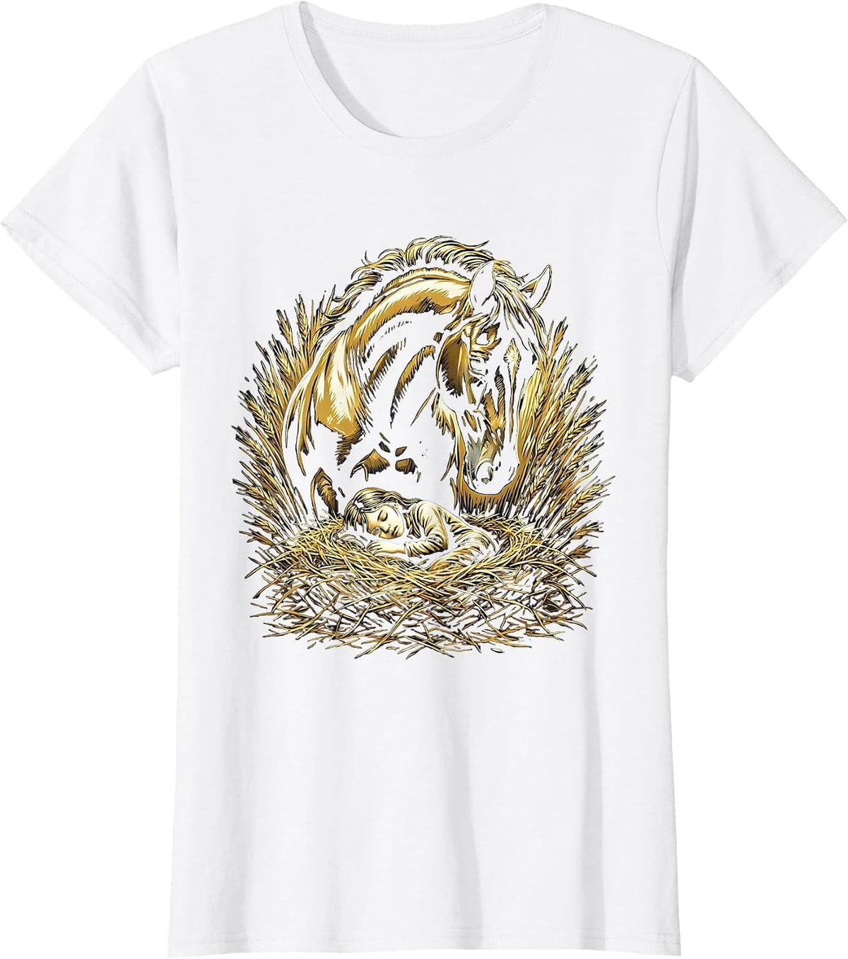 Horse Girl Sleeping in Hay Illustrated Graphic T-Shirt - White