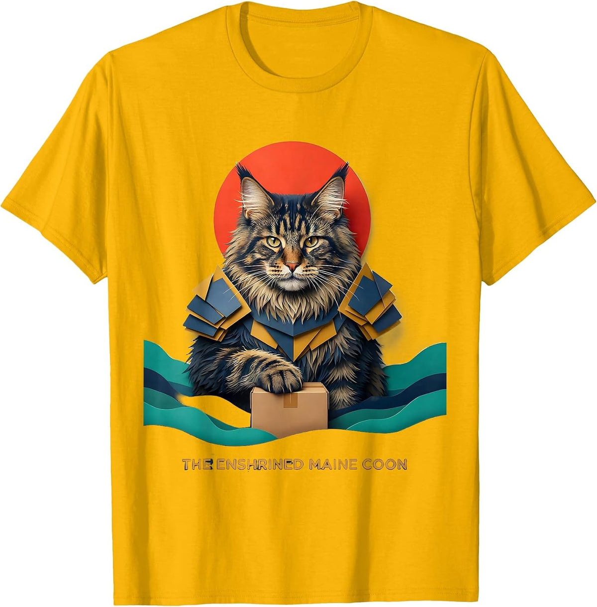 Men's The Enshrined Maine Coon Funny Anime Cat Ukiyo-e Art T-Shirt - Golden Yellow