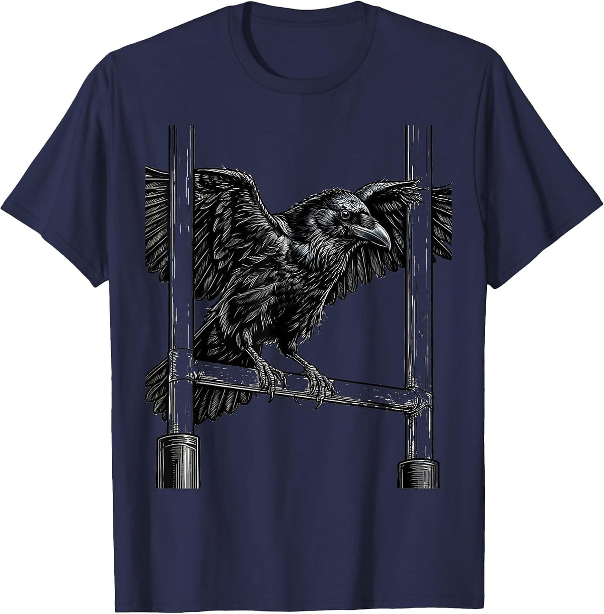 Crow on Rugby Goalposts Graphic Design T-Shirt - Navy Blue