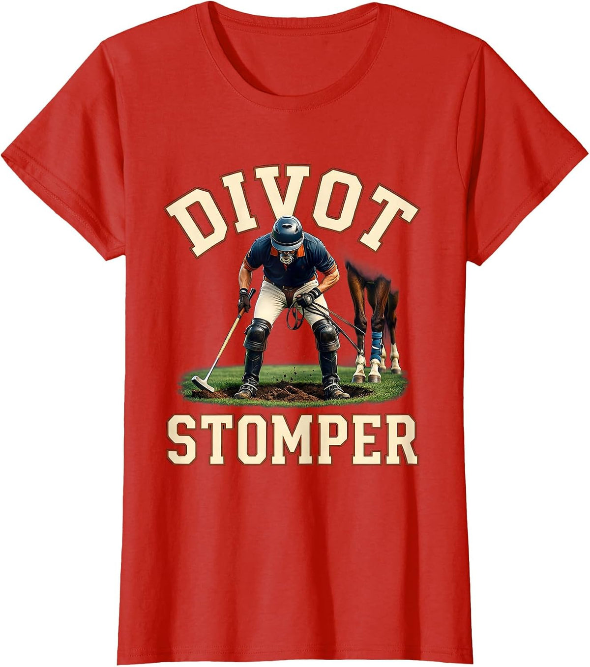 Divot Stomper Polo Player Horseback Riding Equestrian Sport T-Shirt - Red