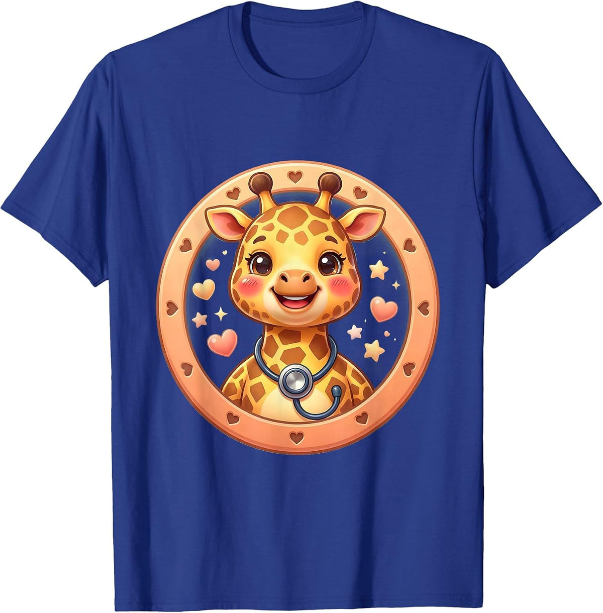 Men's Pediatric Nurse Cartoon Giraffe Stethoscope T-Shirt - Royal Blue