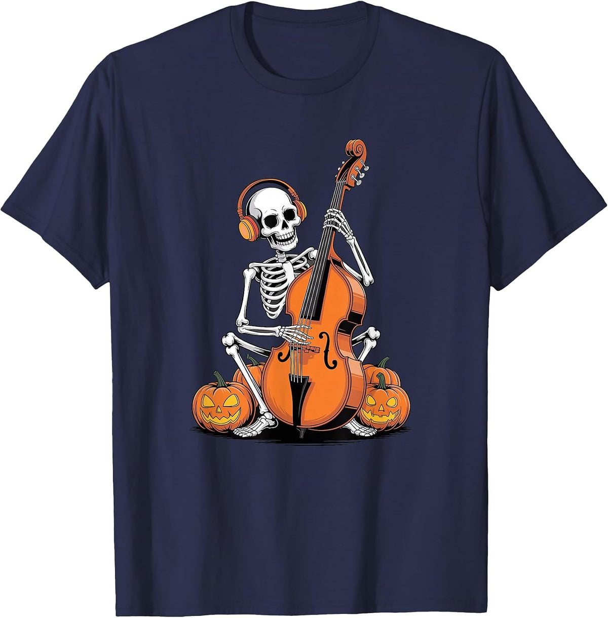 Halloween Skeleton Double Bass Contrabass Bassist T-Shirt - Navy Blue