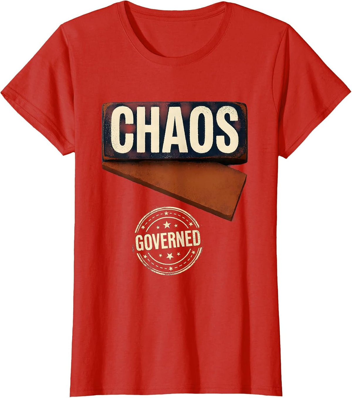 Women's CHAOS GOVERNED Rubber Stamp Circus Crew Carnival Staff Party T-Shirt - Red