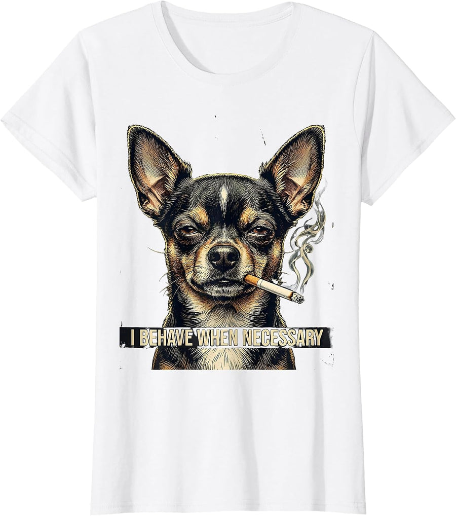 Women's I Behave When Necessary Distressed Chihuahua Smoking Dog T-Shirt - White