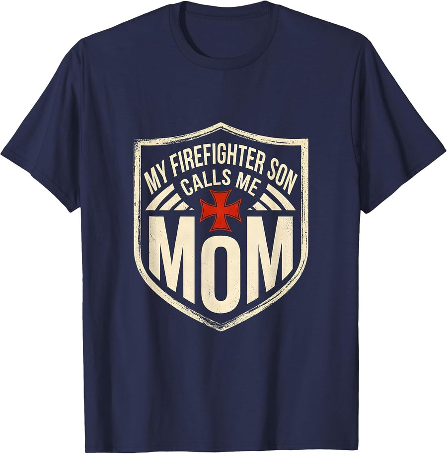 My Firefighter Son Calls Me Mom Thin Red Line Firefighter T-Shirt - Navy Blue