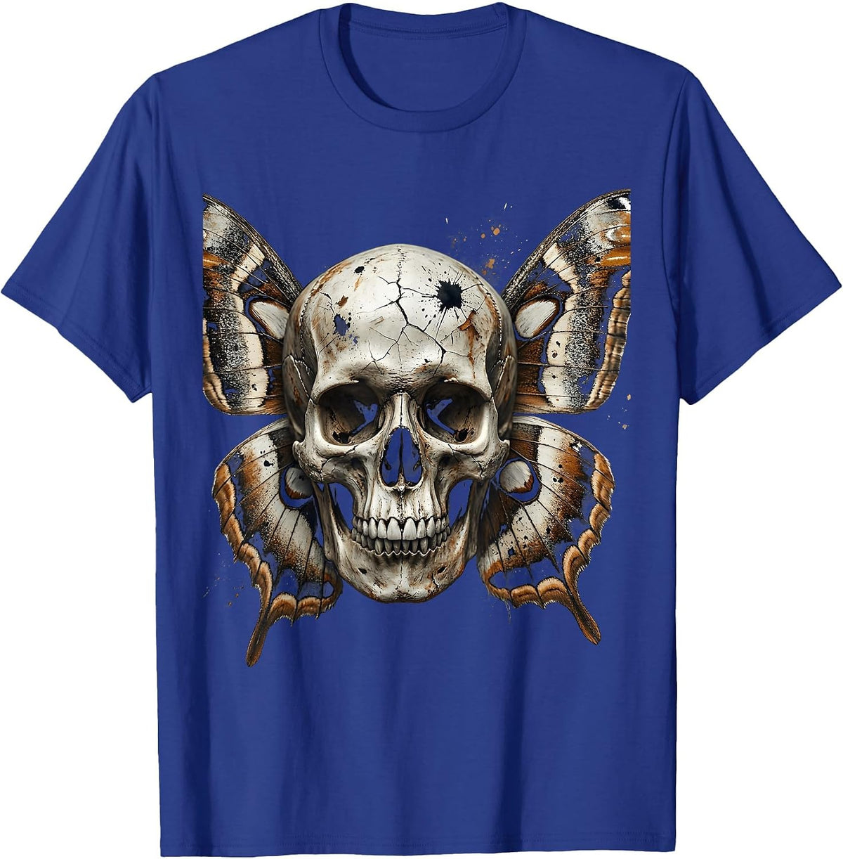 Grunge Skull Moth Wings Dark Gothic Design T-Shirt - Royal Blue
