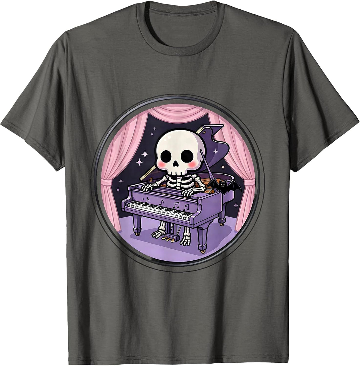 Men's Skeleton Pianist Empty Theater Emo Gothic Design T-Shirt - Asphalt Grey